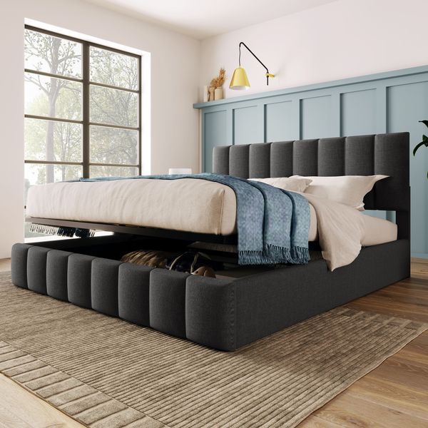 Polsterbett 140x200 cm mit verstellbarem Kopfteil, Leinenbett, Lattenrost mit Mittelstrebe, Doppelbett Grau