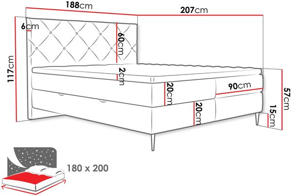 Boxspringbett Liztuko (Farbe: Verita 98, Füße: Schwarz, Größe: 180 x 200) Bild 7
