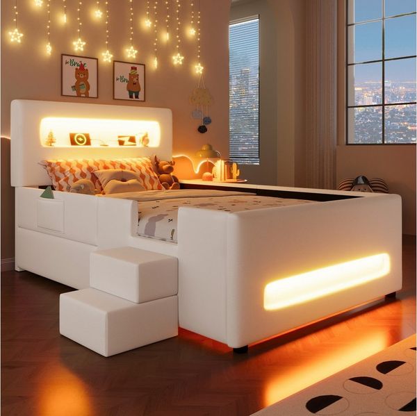 Flieks Polsterbett, Kinderbett Einzelbett 90x200cm mit LED-Lichtleisten, Schublade, Treppe