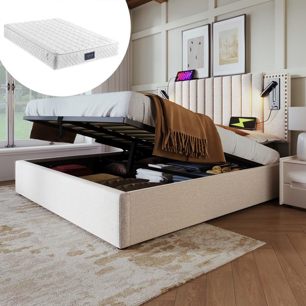 Polsterbett 140×200 cm mit Bettkasten, USB-C & Leselicht, höhenverstellbarem Kopfteil, Beige, mit Matratze