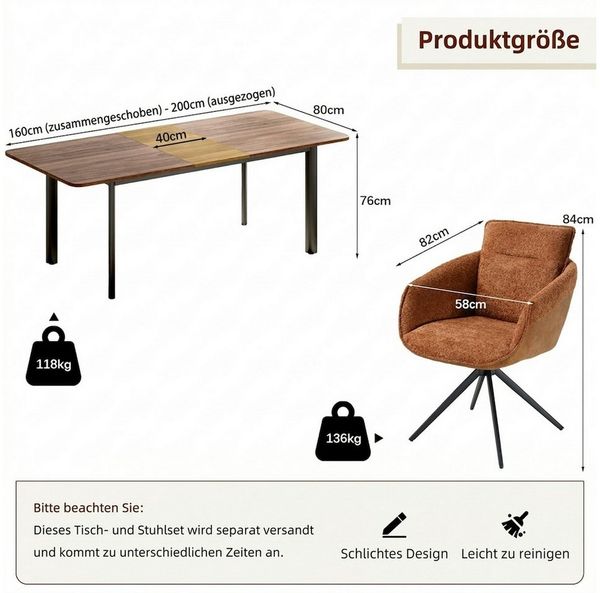 Jiexi Essgruppe Tisch-und Stuhlset, Ausziehbarer Esstisch (160–200 cm) mit 4-6 Stühlen Bild 3