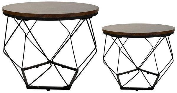Home Collective Couchtisch Set, Wohnzimmertisch, Rund Tisch, mit modernem Metallgestell (Satz von 2), 50x44 & 40x37 cm, Braun Holzoptik