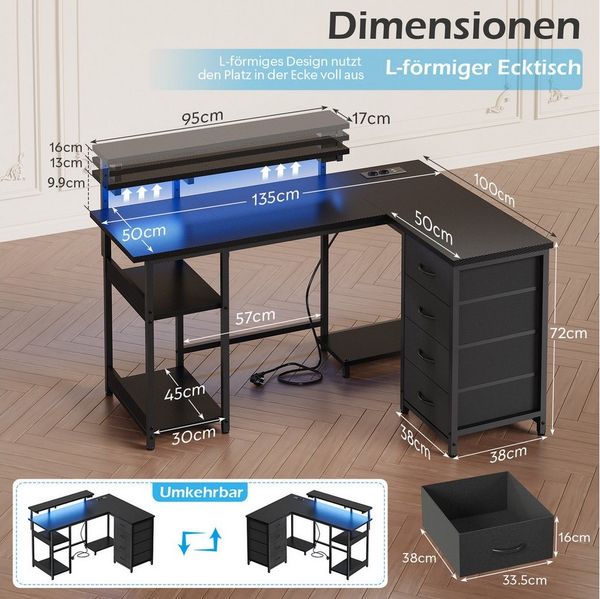 HOMALL Schreibtisch Eck-Schreibtisch, Gaming-Tisch mit Stauraum und Steckdosen (Ausgestattet mit 2 Steckdosen, 2 USB-Anschlüssen, 4 Schubladen, einer höhenverstellbaren Monitorhalterung, einer LED-Lichtleiste, 2 Einlegeböden sowie einer Halterung für d...