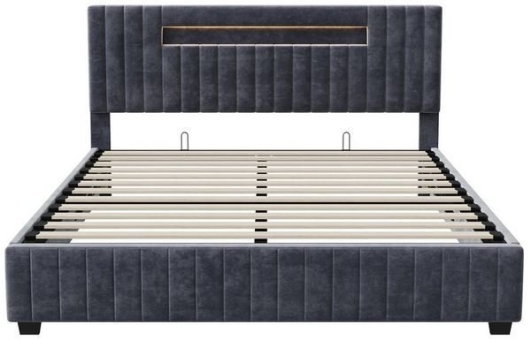 Gdood Polsterbett Stauraumbett LED Doppelbett (Hydraulisch anhebbarer Bettstauraum), Mit LED-Beleuchtung, Kopfteil mit Stauraum, Samt, 140x200 cm