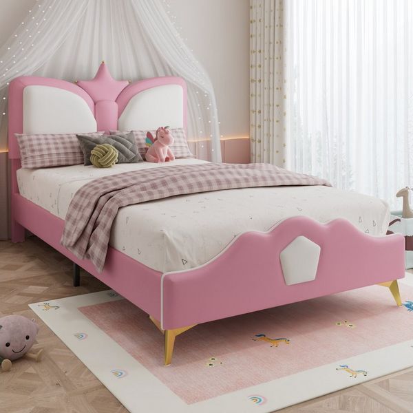 Flieks Polsterbett, Kinderbett Einzelbett 90x200cm mit Kronenform Kopfteil