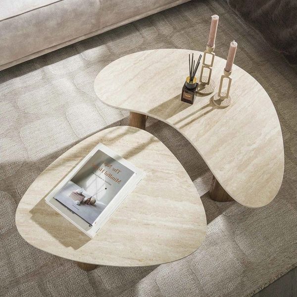 LEVEN Lifestyle Couchtisch TerraVita 2´er Set organische Form Tischplatte Travertin Optik (2´er Set), Tischplatte Travertin Optik aus hochwertiger Keramik