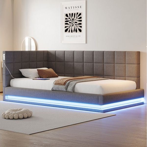Merax Daybett mit LED und USB-Steckdose (1 tlg), Polsterbett Tagesbett Schlafsofa 90x200cm mit Lattenrost, Samt