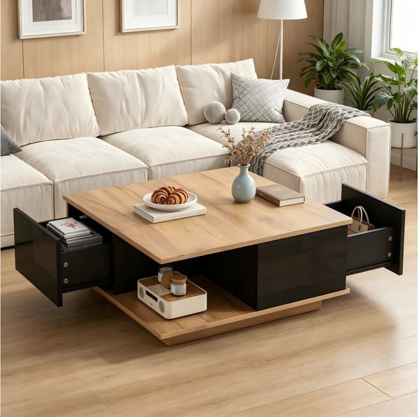 Merax Couchtisch (1-St, hochglänzende Fronten, modern & platzsparend), Wohnzimmertisch mit 3 Schubladen & halboffenem Stauraum, 70 x 70 x 31,5 cm