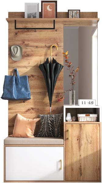 Elegantes weißes und holzfarbenes Garderoben-Set mit Spiegel, Schuhschrank, Wandgarderobe, Sitzbank und Kleiderhaken (Not a one-piece product, requires drilling and punching holes in the wall)