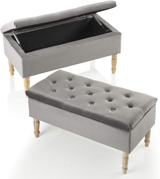 Baroni Home MONTEMAGGI Fußhocker, Aufbewahrungsbox aus grauem Samt mit Holzbeinen, 35 Liter, 80 x 39 x 40 cm