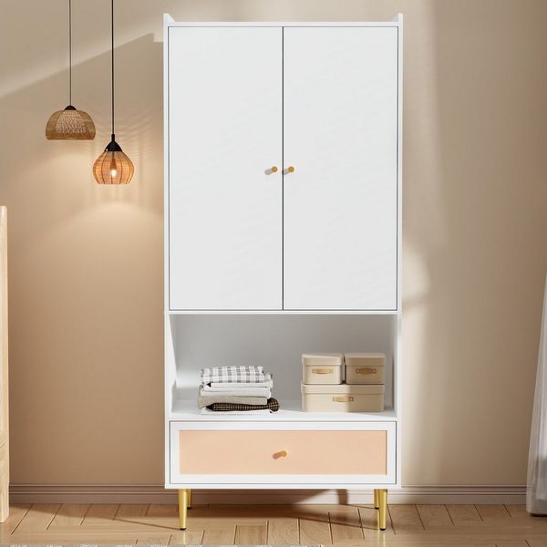 Flieks Kleiderschrank mit 1 großer Rattan-Schublade, 2 Türen und 1 offenen Fächern (1-St, 80x48x175 cm) Drehtürenschrank Garderobeschrank Kleiderstange Weiß, Metallbeine