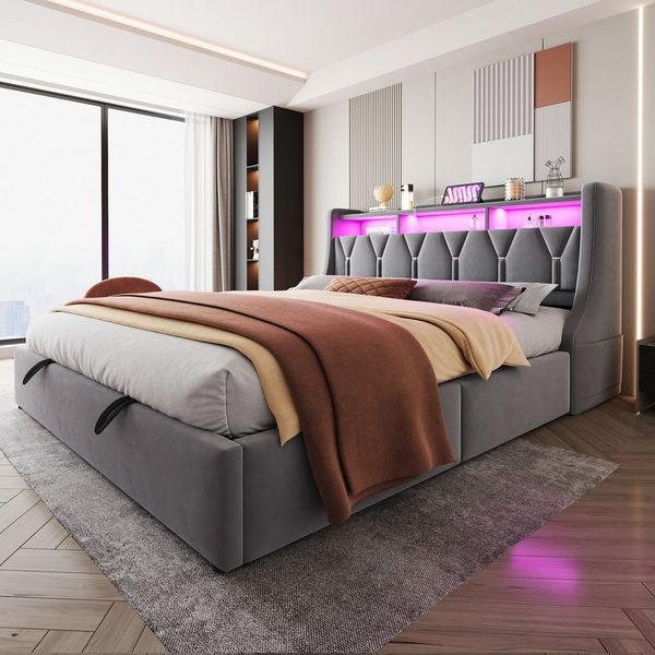 STILVORA Polsterbett mit LED&Bettkasten,180x200 Bettgestell mit Kopfteil klappbar&Steckdose (mit Hydraulischem Stauraum, Umklappbarem Kopfteil und LED-Beleuchtung, Steckdosen, USB- und Typ-C-Anschlüsse, Verbreiterte Bettbeine, 180x200cm), ohne Matratze