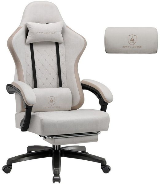 GTPLAYER Gaming Stuhl, Bürostuhl, Ergonomischer Pc Stuhl, Gaming Sessel mit Massagelendenwirbelstütze, Task Stühle mit Fußstütze und Kopfstütze, Rosa Stoff
