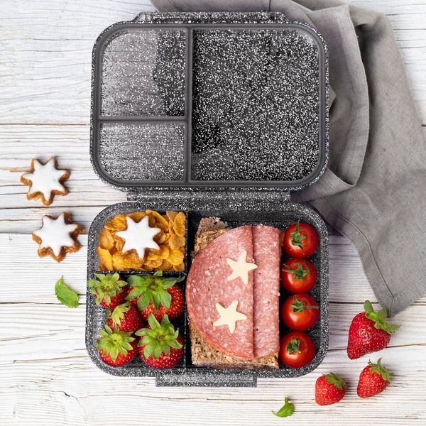LEKKABOX Lunchbox Mini Glitzer Brotdose, 3 Fächer - Kinder Bento Box Vesperdose Brotbox, Für feuchte Lebensmittel auslaufsichere Bento Box, inkl. extra Trenner