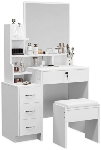 Dripex Schminktisch mit Hocker Kosmetiktisch mit Schubladen B87 x T40 x H144 cm weiß