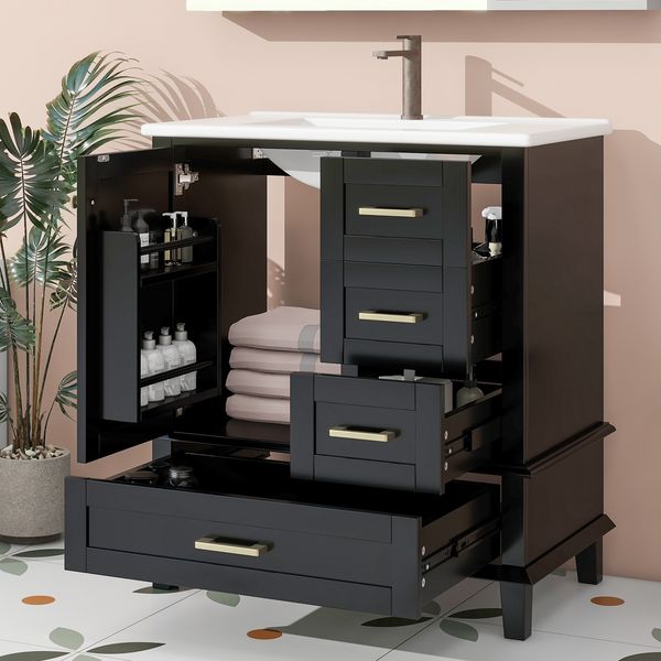 Flieks Waschtisch 76 x 46 x 83.5 cm, freistehender Badezimmerschrank mit Keramikwaschbecken, Türregal, 4 Schubladen, Schwarz