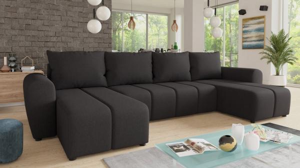 Wohnlandschaft Cleo U mit Schlaffunktion - U-Form Couch, Ecksofa mit Bettkasten, Couchgranitur mit Bettfunktion, Polsterecke, Big Sofa (Schwarz (Soro 100))