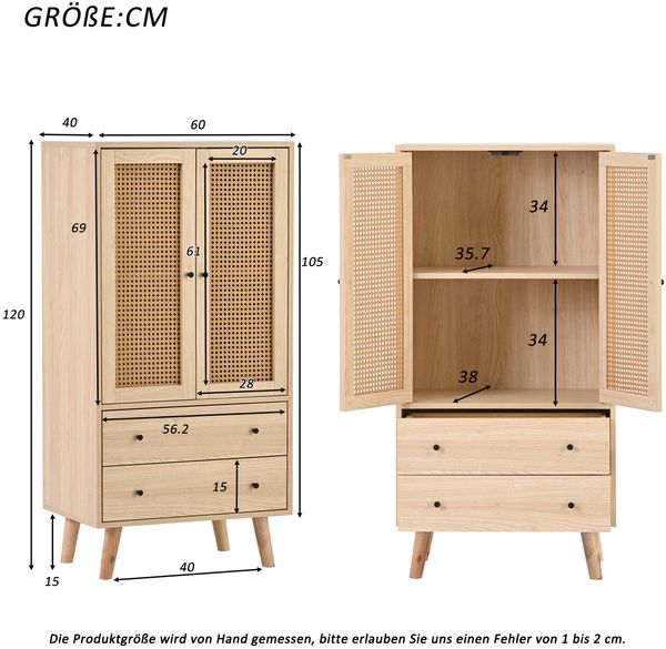 Sideboard, 60x40x120 cm, Sideboard in Eichenoptik mit Rattantüren & 2 Schubladen Bild 10