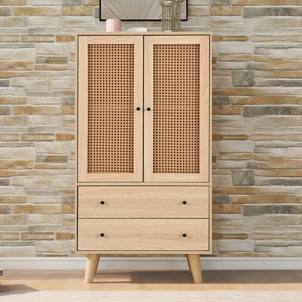 Sideboard, 60x40x120 cm, Sideboard in Eichenoptik mit Rattantüren & 2 Schubladen