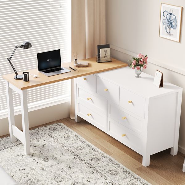 Schreibtisch mit 7 Schubladen, Spanplatte in Eichenoptik, flexibler Homeoffice Tisch, L-förmiger Computertisch