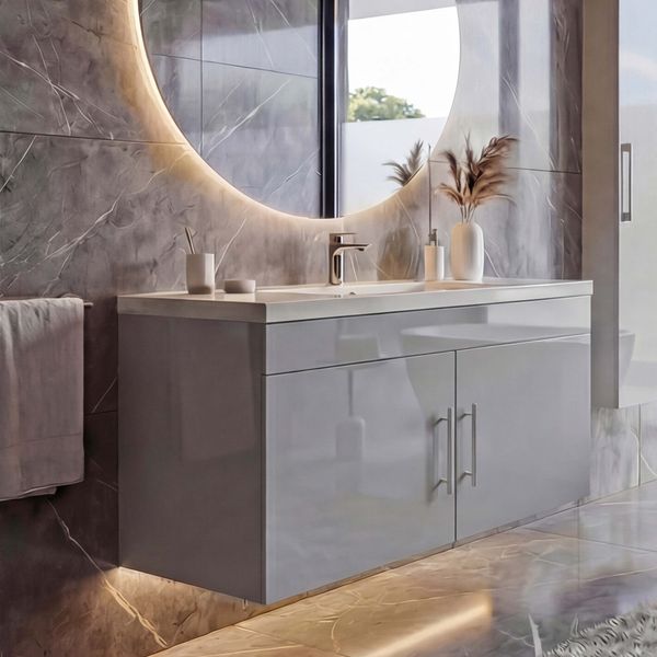 Waschbecken + Unterschrank HWC-D16, Waschbecken Waschtisch, hochglanz 90cm ~ grau