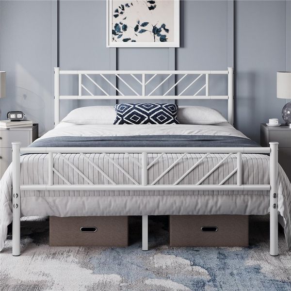 Yaheetech Metallbett 140x200 cm Minimalistischer Bettrahmen mit Kopfteil Gästebett mit Lattenrost für Schlafzimmer Gästezimmer 32cm Höhe unter dem Bett Weiß