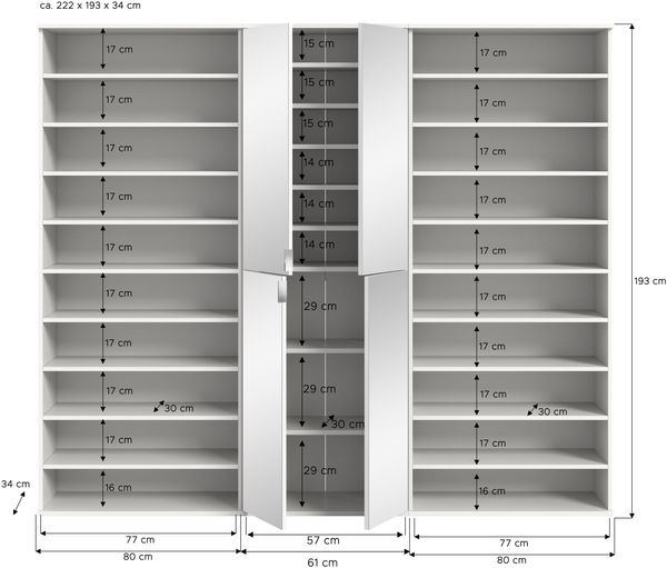Garderobenschrank Weiß Hochglanz, 222x193x34 cm, Spiegelschrank Bild 3