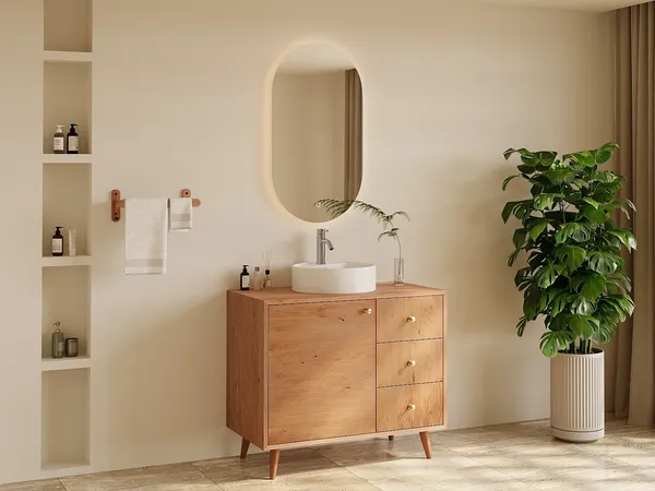 Vente-unique - ZARENO Waschbeckenmöbel Holz, Platte Beige - B 50 cm x H 80,5 cm x L 93 cm
