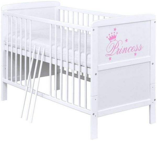 Baby-Delux Babybett Natalie Princess, Kinderbett Gitterbett 140x70 weiß mit Beißschienen, Matratze umbaubar
