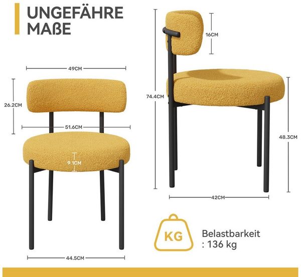 HawthyHome Esszimmerstuhl Runder Polsterstuhl mit Metallgestell, Wohnzimmerstuhl, Küchenstuhl (4 St), 4er Set