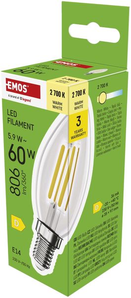 EMOS LED Lampe Edison Candle, 5,9W Ersatz für 60W Glühbirne, Vintage-Glühlampe mit E14 Sockel und Helligkeit 806 lm, Warmweiß 2700 K, 25000 Stunden Lebensdauer, CRI > 80, 360° Abstrahlwinkel