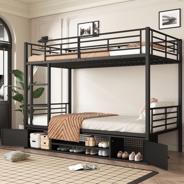 Etagenbett 90x200 cm aus Metall mit 4-seitigem Rausfallschutz, Treppe und integriertem Schuhregal in Schwarz