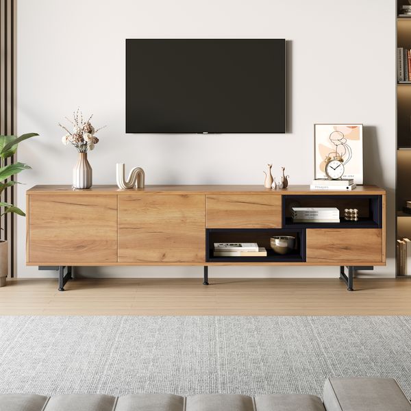 TV-Schrank 173x38x48 cm aus Spanplatte in Holzoptik mit Türen, offenen Fächern und Schubladen