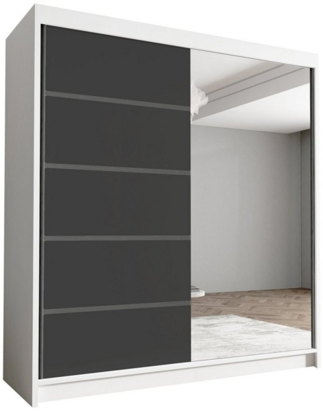 Schwebetürenschrank Harry III 180 cm mit Spiegel - Kleiderschrank, Schiebetürenschrank mit Kleiderstange und Einlegeboden, Schlafzimmerschrank, Schiebetüren - 180x215x58 cm (Weiß/Schwarz)