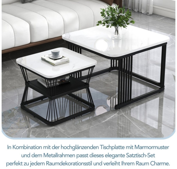 autolock Couchtisch Nesting-Couchtisch Kompakter Sofa-Beistelltisch Marmoroptik Hochglanz (65 x 65 x 45 cm, 45 x 45 x 39,5 cm), 2er-Set Hochglanztisch Kaffeetisch für kleine Räume Bild 2