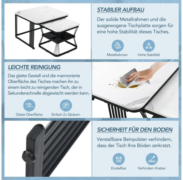 autolock Couchtisch Nesting-Couchtisch Kompakter Sofa-Beistelltisch Marmoroptik Hochglanz (65 x 65 x 45 cm, 45 x 45 x 39,5 cm), 2er-Set Hochglanztisch Kaffeetisch für kleine Räume Bild 3