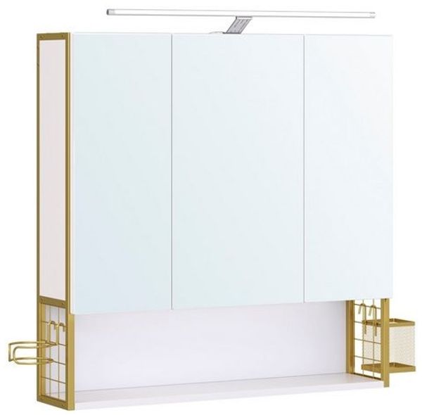 Vasagle Spiegelschrank Bad mit Beleuchtung, Badezimmerschrank, Spiegelschrank, Badschrank, Wandschrank fürs Bad, höhenverstellbare Regalebene, Doppeltür, modern, weiß-gold