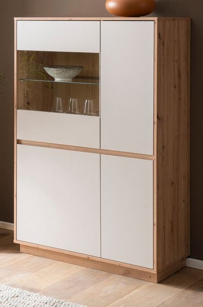 Furn. Design Highboard Kiruma (Vitrine in Kaschmir / Sand und Artisan Eiche, 4-türig, 75 x 144 cm), mit Soft-Close-Funktion