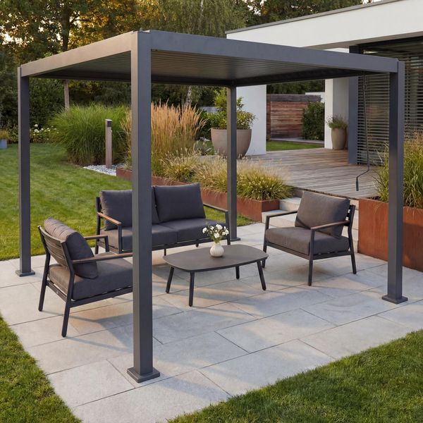 Pergola HWC-P65, Terrassenüberdachung Gartenpavillon Lamellen-Pavillon, 10cm-Aluminium-Gestell 3x3m ~ anthrazit