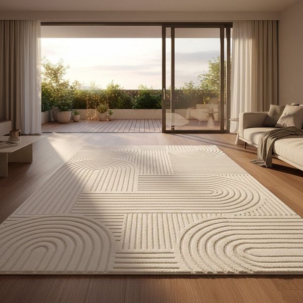Vimoda Designteppich hoch/tief Motiv, Kurzflor Teppich Creme, Uni, Rechteckig, Höhe: 10 mm, Teppich Boho Design, Wohnzimmer, Schlafzimmer& Küche