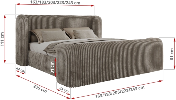 Polsterbett mit Lattenrost, Doppelbett für Schlafzimmer, Gepolstertes Kopfteil, Multipocket matratze, Härtegrad H3/H4 - EMORA CLASSIC DUO - 160 x 200 cm - Hellbraun Cord - ELORI-LUX Bild 4