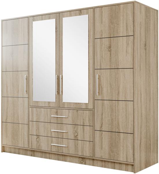 'Bado 4D' Kleiderschrank mit Schubladen und Spiegel, Laminatplatte Sonoma Eiche, 200 x 58 x 195 cm