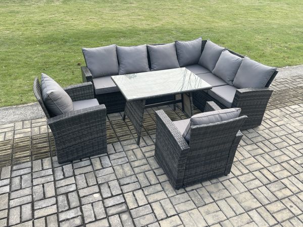 Fimous Hoher Rücken Rattan Gartenmöbel Set Polyrattan Ecksofa Esstisch Set mit 2 Sesseln 8 Sitzer Dunkelgrau gemischt