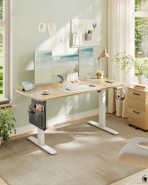 SONGMICS Höhenverstellbarer Schreibtisch, 140 x 60 cm, Memory-Funktion mit 4 Höhen, USB-C-Anschluss, Organizer, für Büro, goldeichenfarben