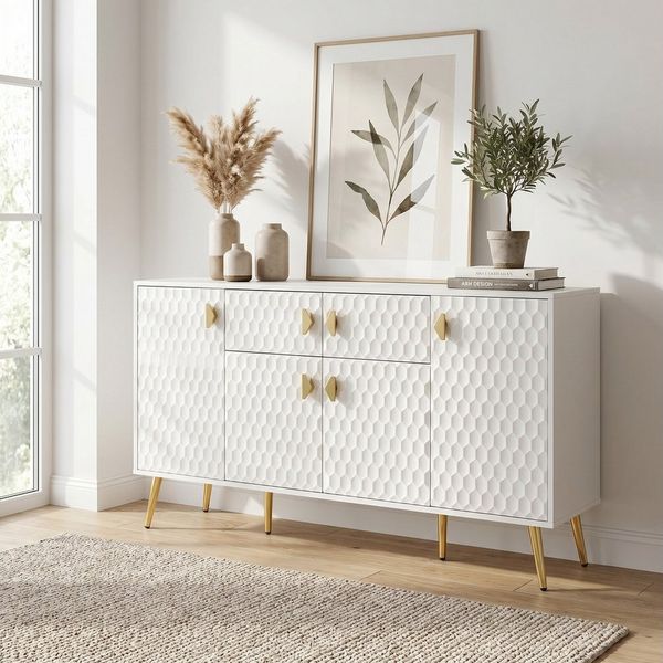 FUFU&GAGA Sideboard Sideboard 160cm Weiß, 3D Waben Design Anrichte Wohnzimmer
