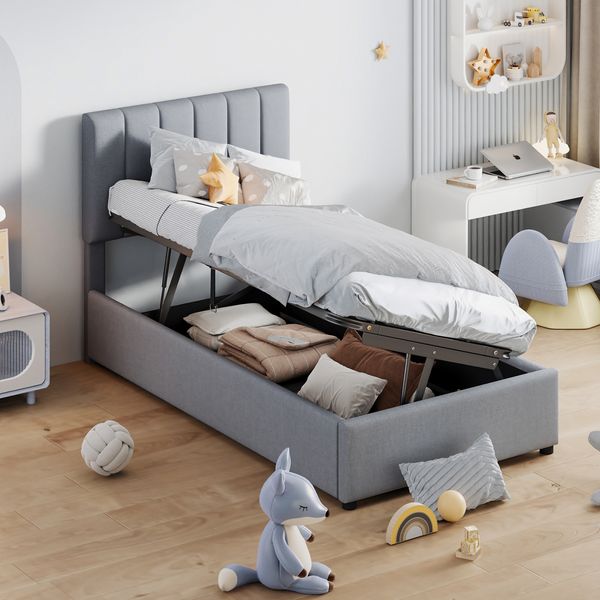 Kinderbett 90×200 cm mit hydraulischem Stauraum, verstellbarem Kopfteil und Lattenrost, Grau, ohne Matratze