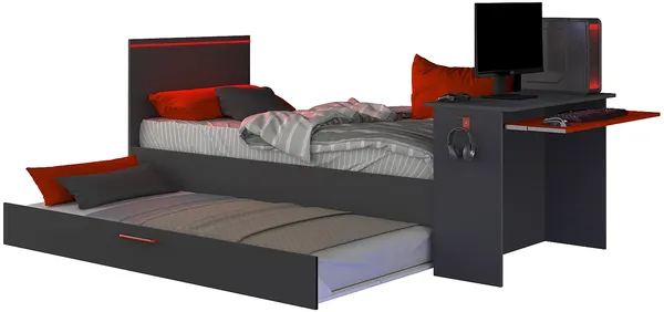 Vente-unique - VOUANI Bett Holz, Platte Grau - B 98,7 cm x H 100,5 cm x L 242,8 cm