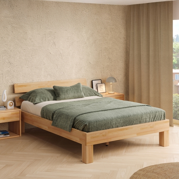 skølm 'Floki' Bett 140x200 cm, Bettgestell, natur geölt, Massivholzbett aus Buche, Doppelbett mit Bettkopf