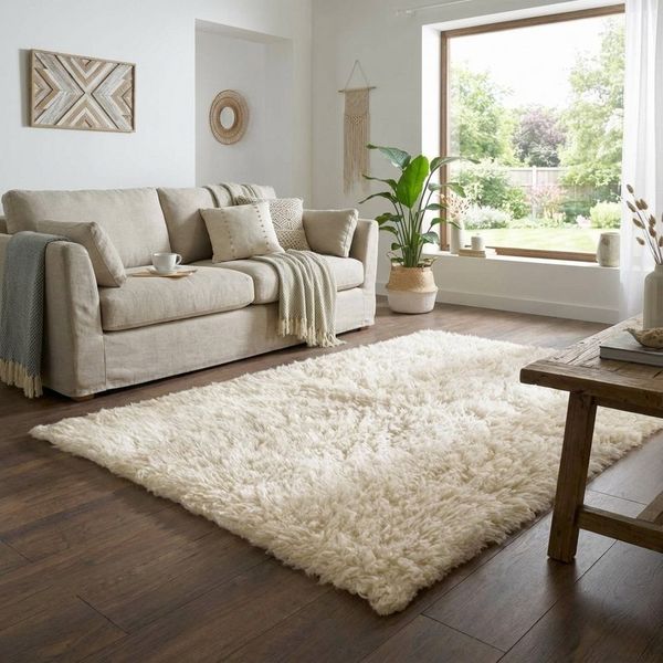 TaCa Home Flokati-Teppich Gewalkter Handweb Woll-Teppich, rund, Höhe: 45 mm, Wohnzimmer Esszimmer Schlafzimmer, creme - 200 x 200 cm rund