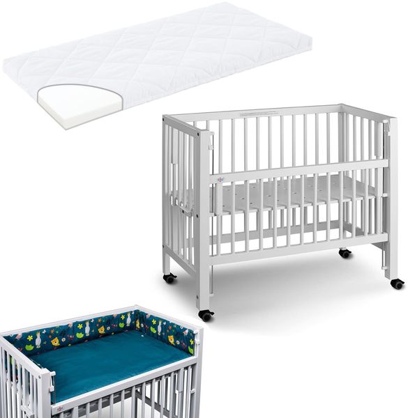 Tissi Anstellbett / Beistellbett Sophie inkl. Matratze und Nestchen Petrol Jungle, Buche Weiss